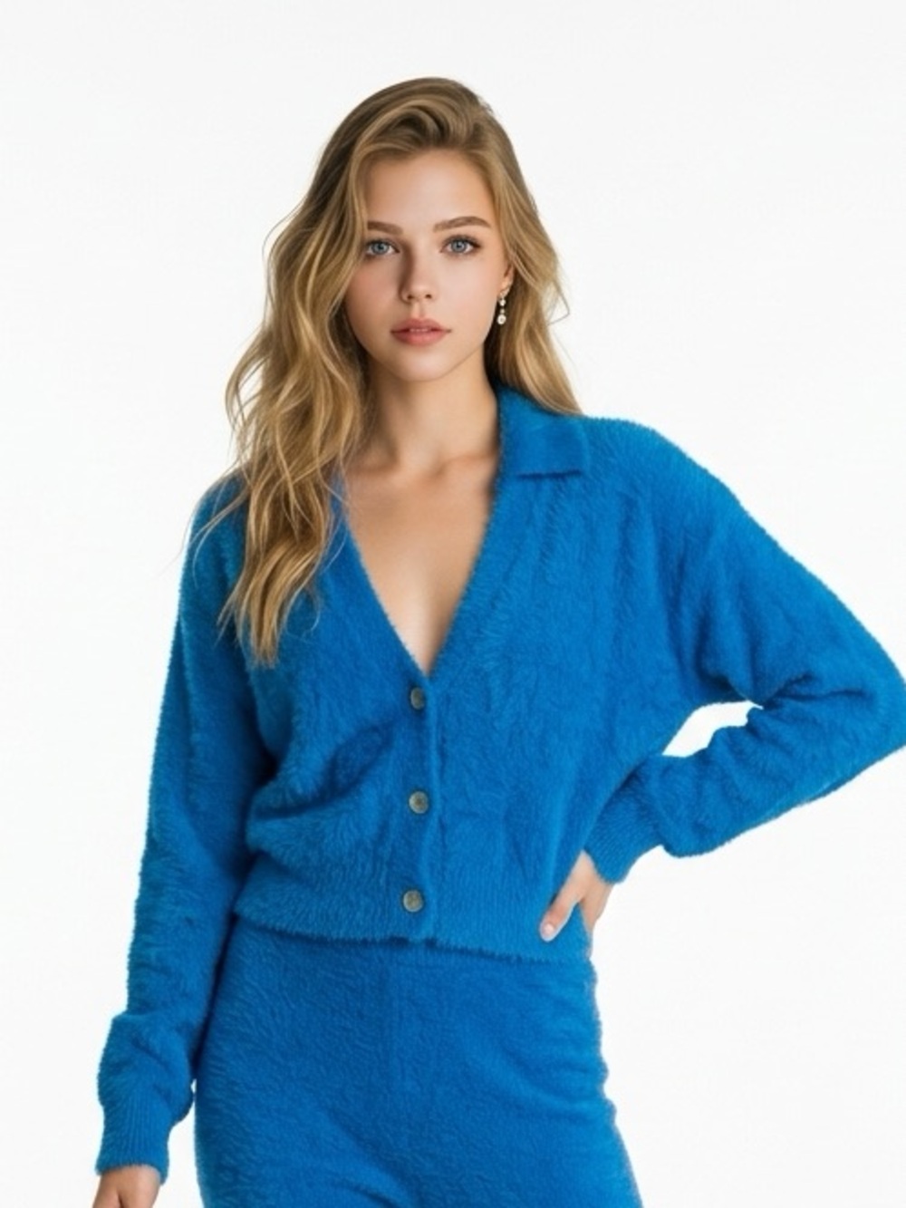PINK ROSE | Vibrant Blue Fuzzy Button Front Cropped Cardigan Women’s Size Medium